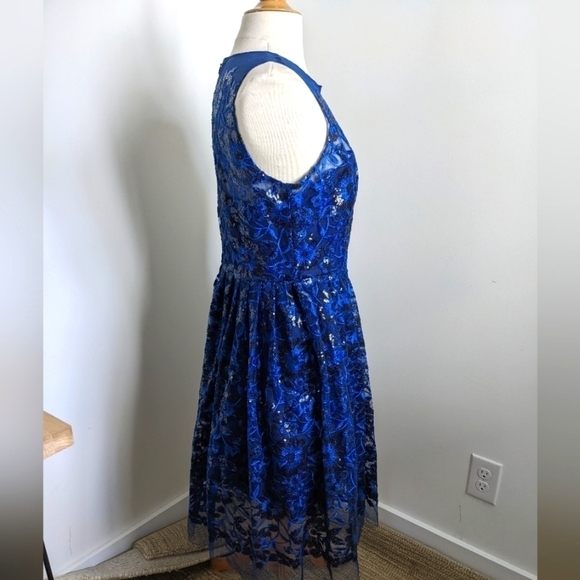 MARINA Blue Mesh And Sequin Sleeveless Dress 10 Illusion Floral Cocktail - Picture 9 of 13